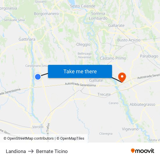 Landiona to Bernate Ticino map