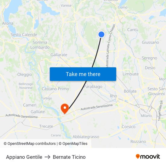 Appiano Gentile to Bernate Ticino map