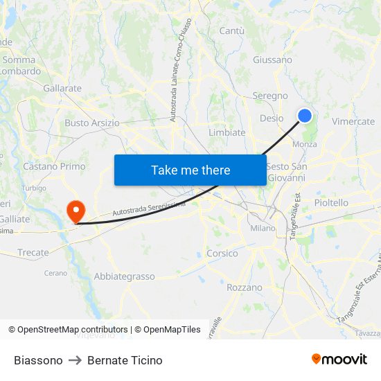 Biassono to Bernate Ticino map