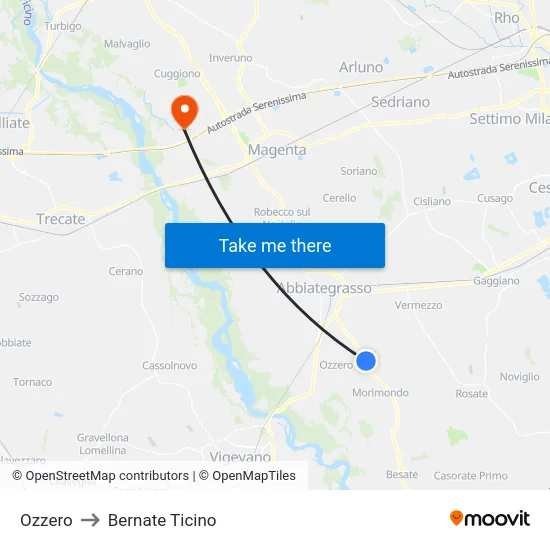 Ozzero to Bernate Ticino map