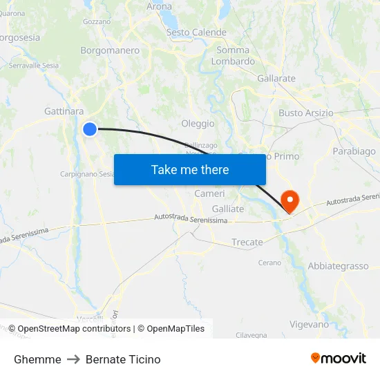 Ghemme to Bernate Ticino map