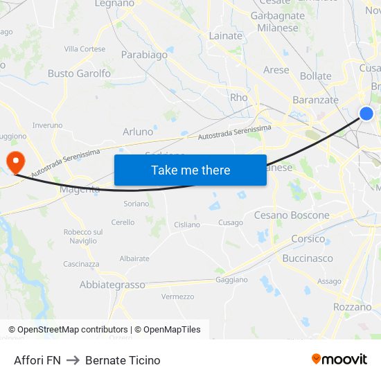 Affori FN to Bernate Ticino map