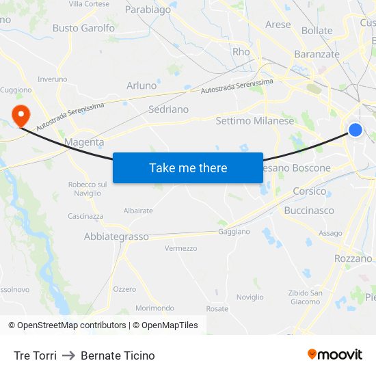 Tre Torri to Bernate Ticino map