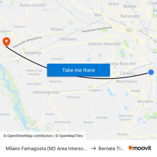 Milano Famagosta (M2 Area Interscambio) to Bernate Ticino map