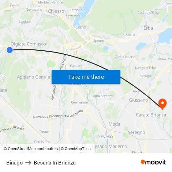 Binago to Besana In Brianza map