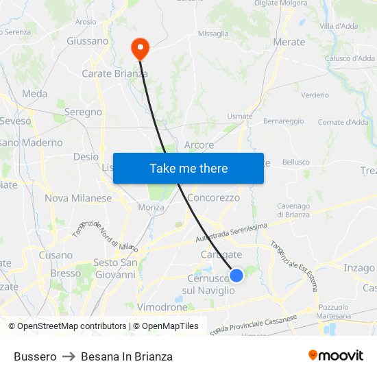 Bussero to Besana In Brianza map