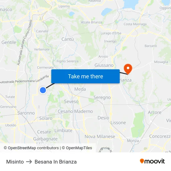 Misinto to Besana in Brianza map
