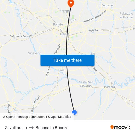 Zavattarello to Besana In Brianza map