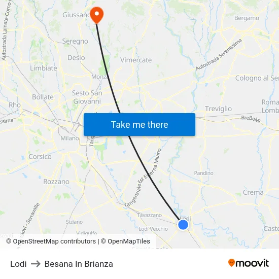 Lodi to Besana in Brianza map