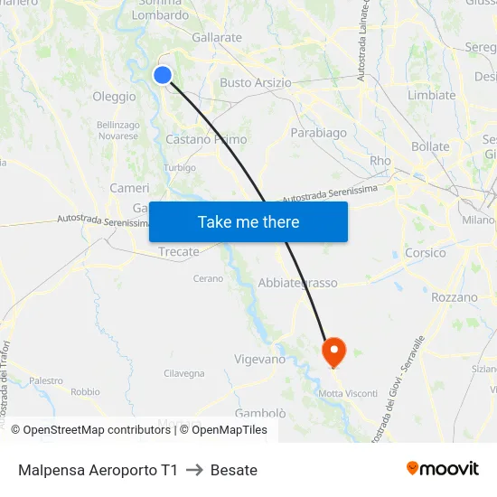 Malpensa Aeroporto T1 to Besate map
