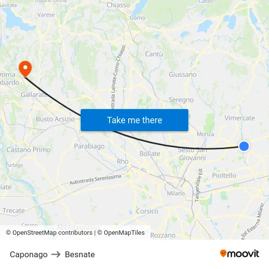 Caponago to Besnate map