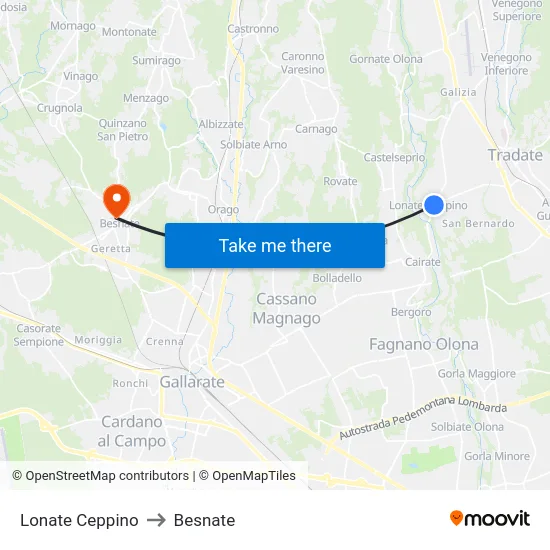 Lonate Ceppino to Besnate map