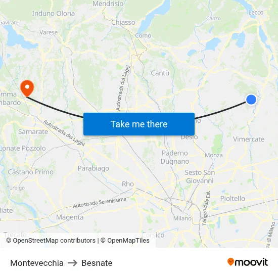 Montevecchia to Besnate map