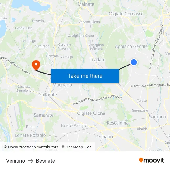 Veniano to Besnate map