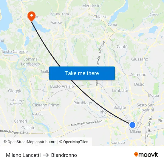 Milano Lancetti to Biandronno map