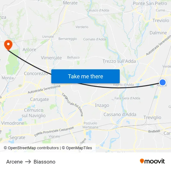 Arcene to Biassono map