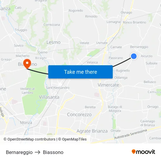 Bernareggio to Biassono map