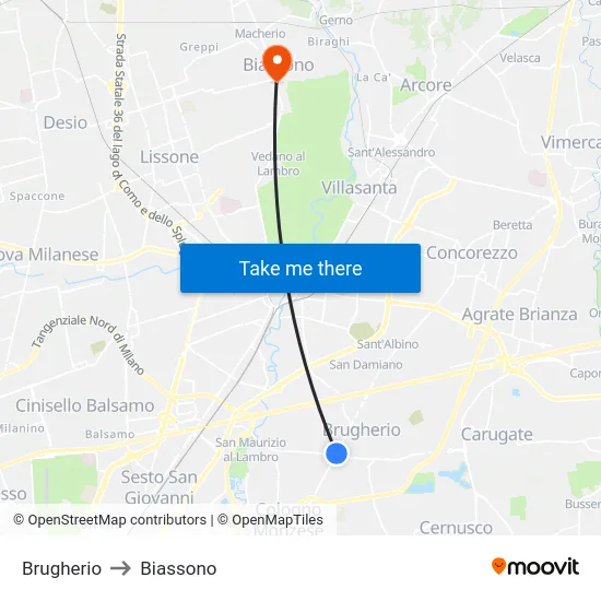 Brugherio to Biassono map