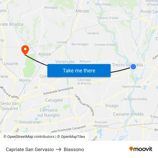 Capriate San Gervasio to Biassono map