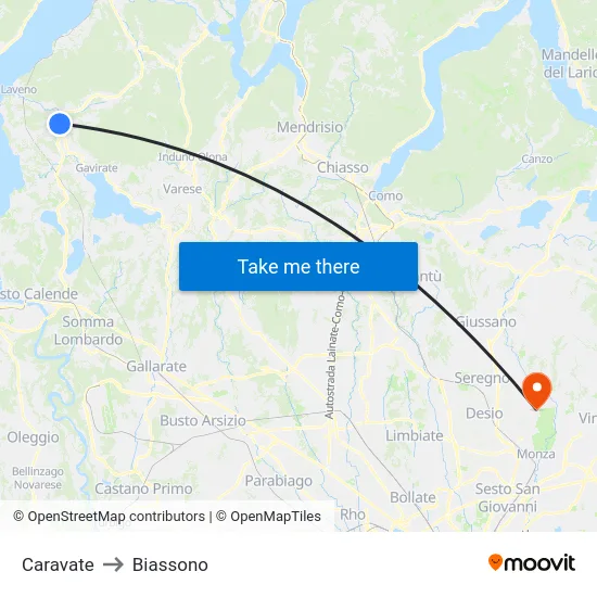 Caravate to Biassono map