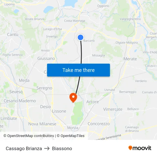 Cassago Brianza to Biassono map