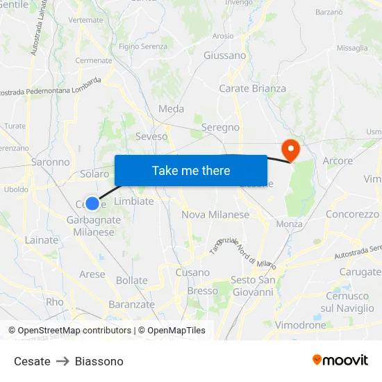 Cesate to Biassono map