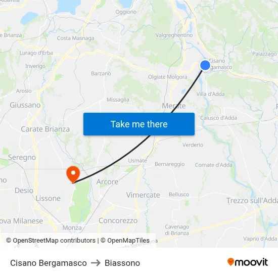Cisano Bergamasco to Biassono map