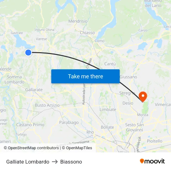 Galliate Lombardo to Biassono map