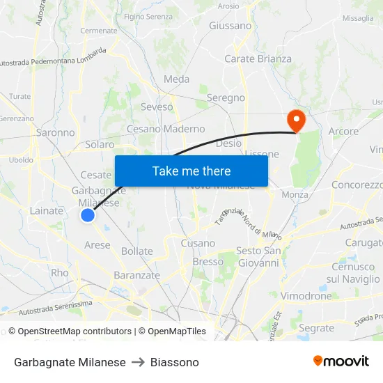 Garbagnate Milanese to Biassono map