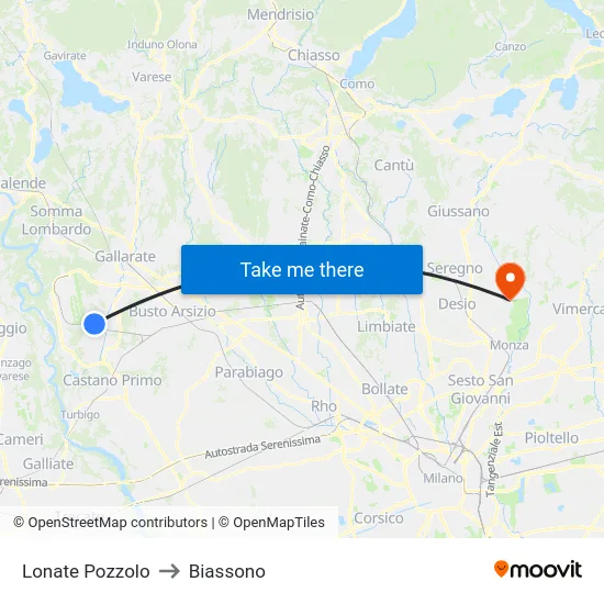 Lonate Pozzolo to Biassono map