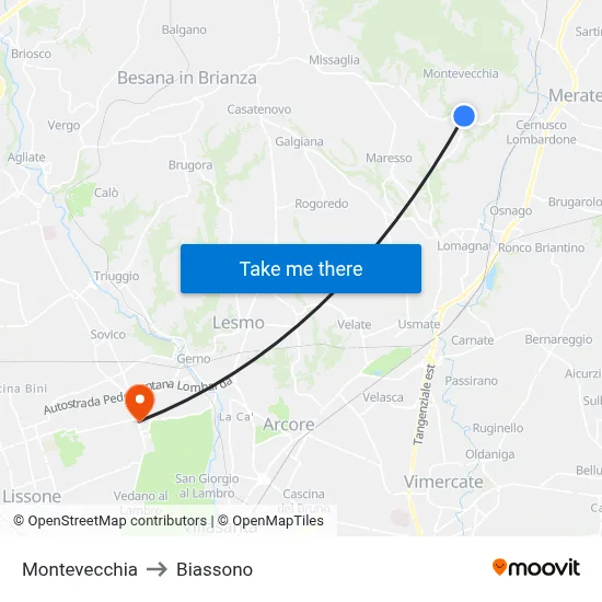 Montevecchia to Biassono map