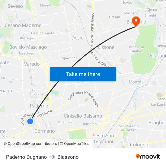 Paderno Dugnano to Biassono map