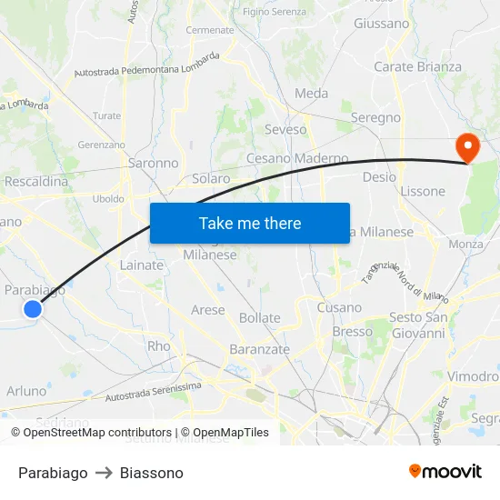 Parabiago to Biassono map