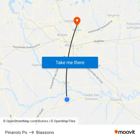 Pinarolo Po to Biassono map