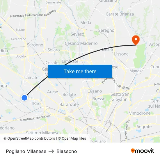 Pogliano Milanese to Biassono map