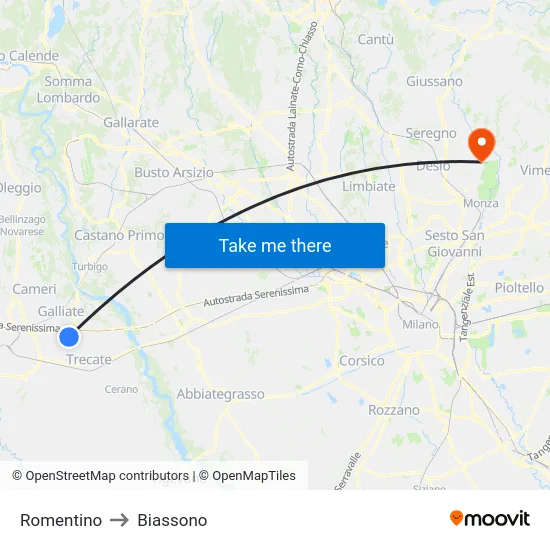 Romentino to Biassono map