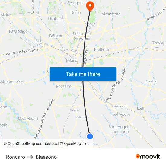 Roncaro to Biassono map