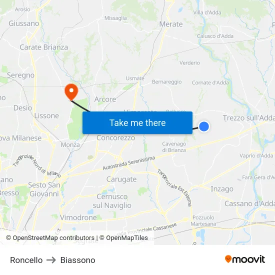 Roncello to Biassono map