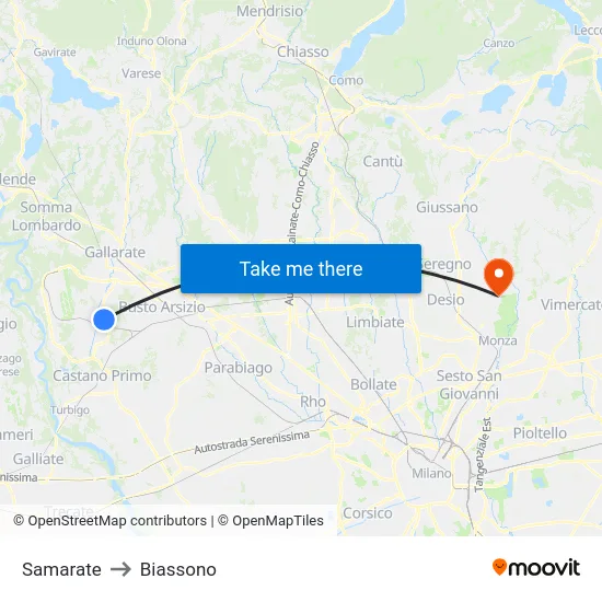 Samarate to Biassono map