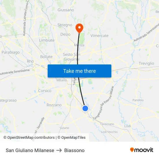San Giuliano Milanese to Biassono map
