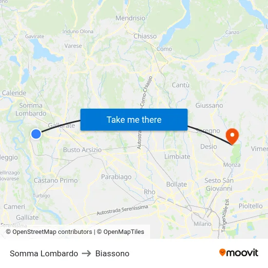 Somma Lombardo to Biassono map