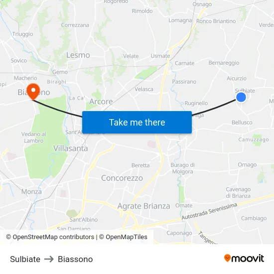 Sulbiate to Biassono map