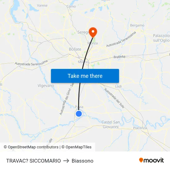 Travacò Siccomario to Biassono map