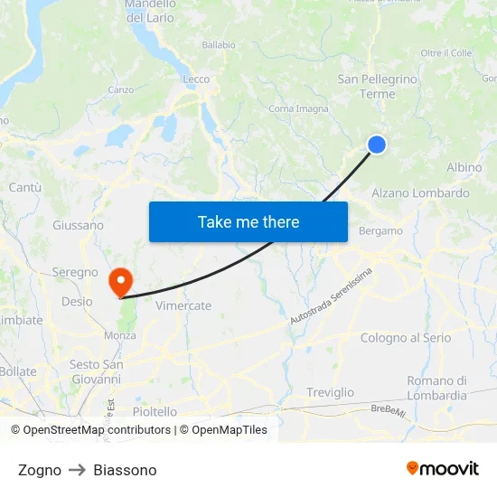 Zogno to Biassono map