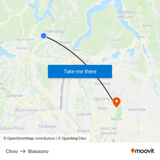 Clivio to Biassono map