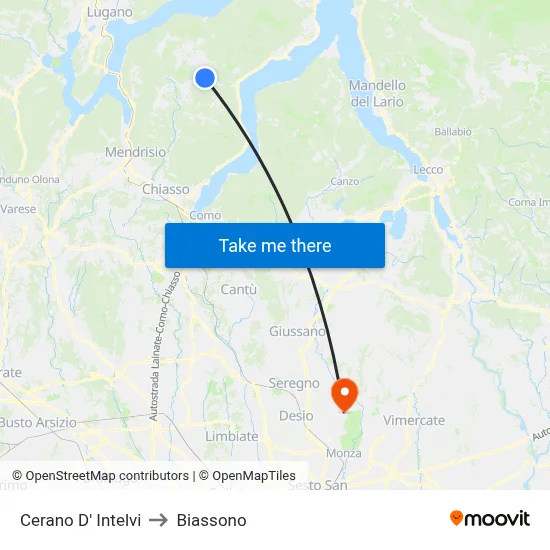 Cerano D' Intelvi to Biassono map