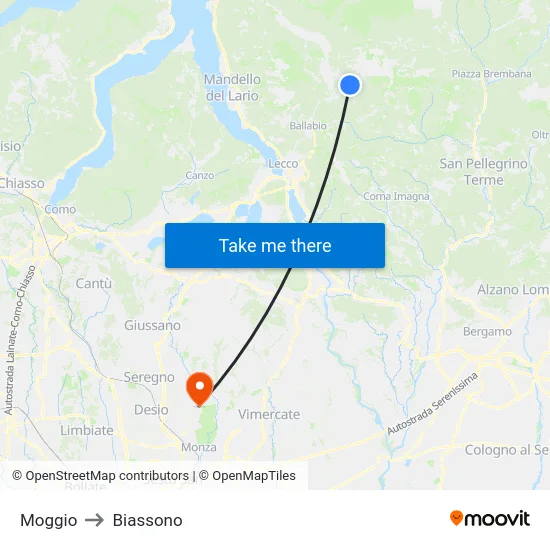 Moggio to Biassono map