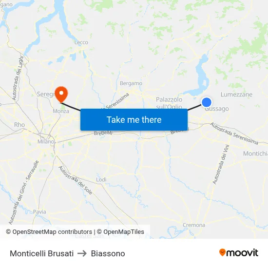 Monticelli Brusati to Biassono map