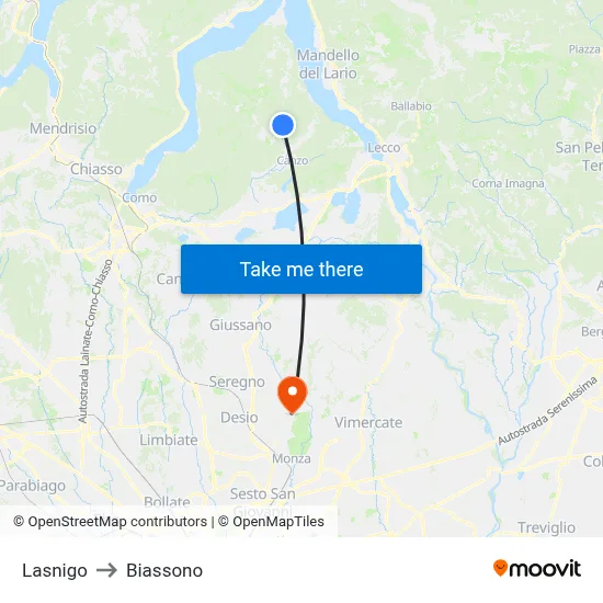 Lasnigo to Biassono map