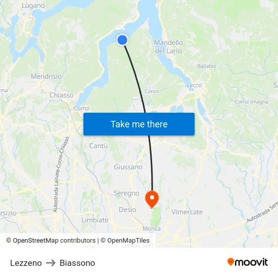 Lezzeno to Biassono map